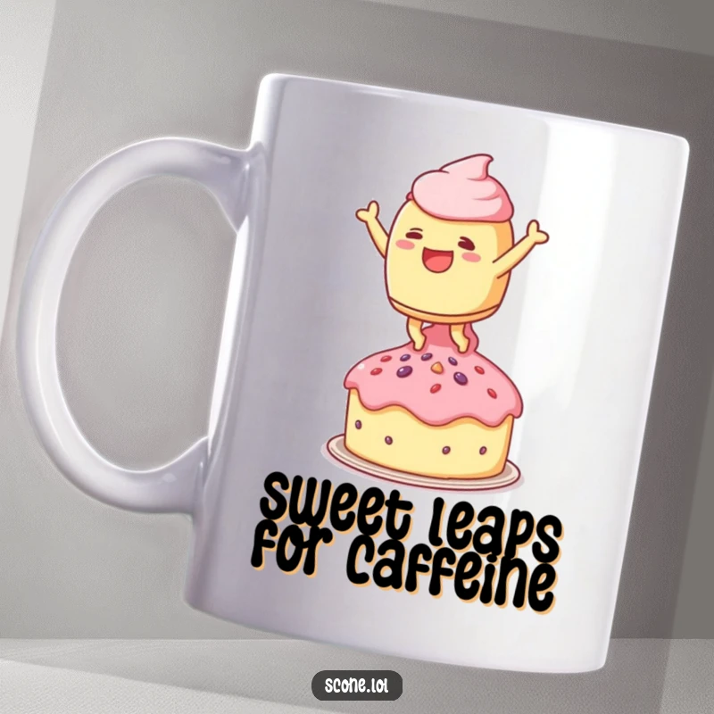 Funny mug showing a scone character leaping joyfully onto a tiny teacake, celebrating sweet indulgence and baked goods.