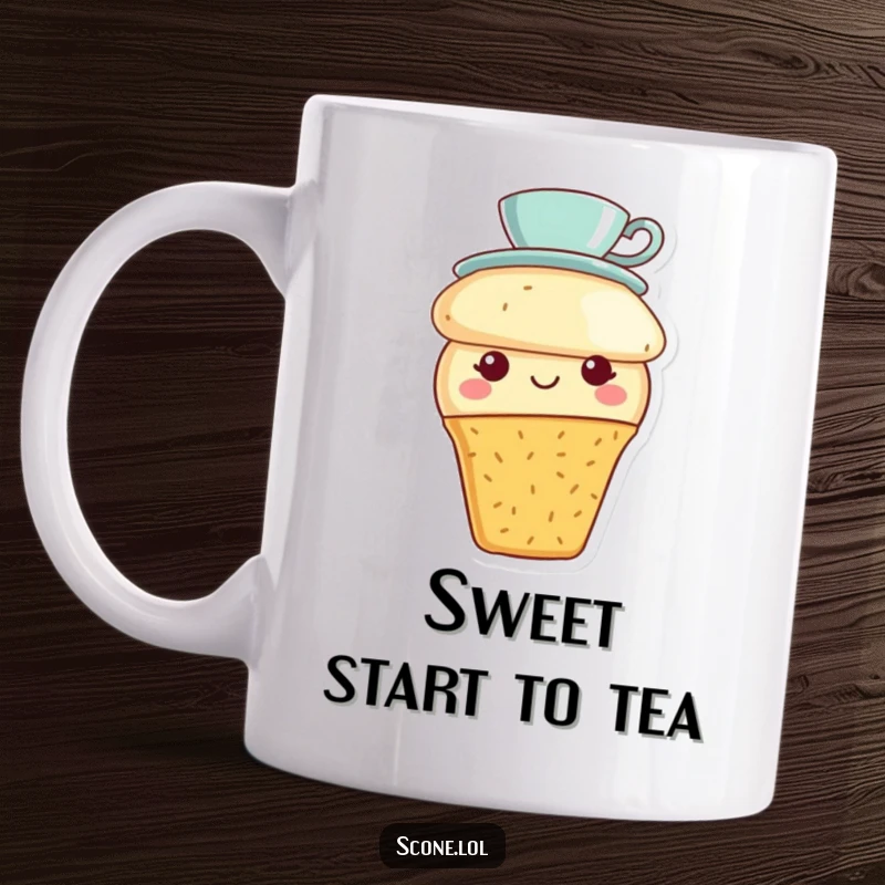 Funny scone character wearing a tiny teacup hat and smiling sweetly, depicted on a charming mug for tea lovers.