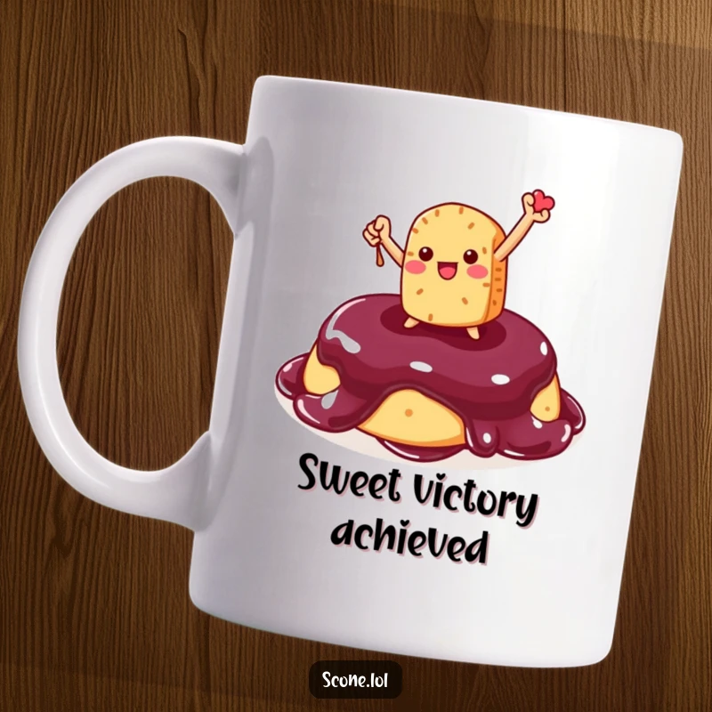 Funny Scone Mug: A triumphant scone character poses victoriously on a dollop of jam, exuding delicious humor.