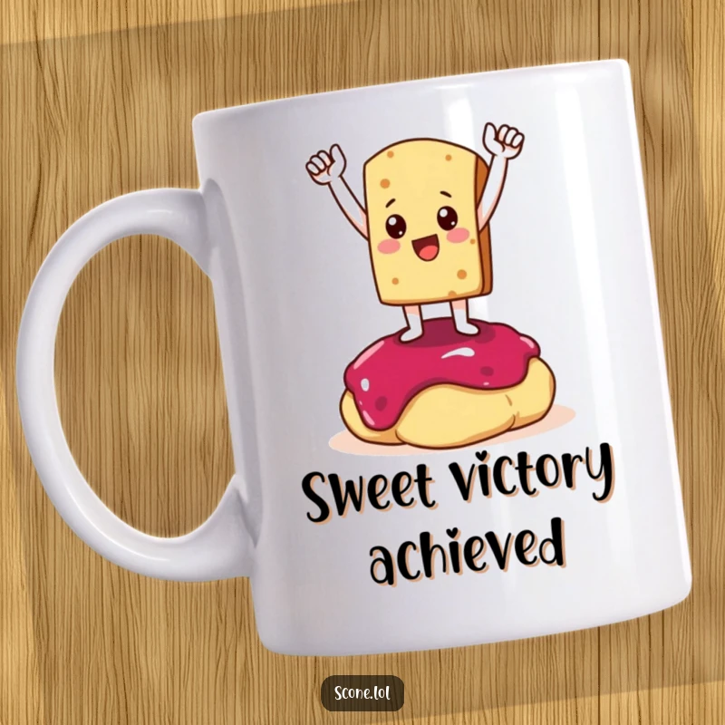 Funny Mug: A scone character strikes a triumphant pose atop a dollop of jam, exuding victory and deliciousness.