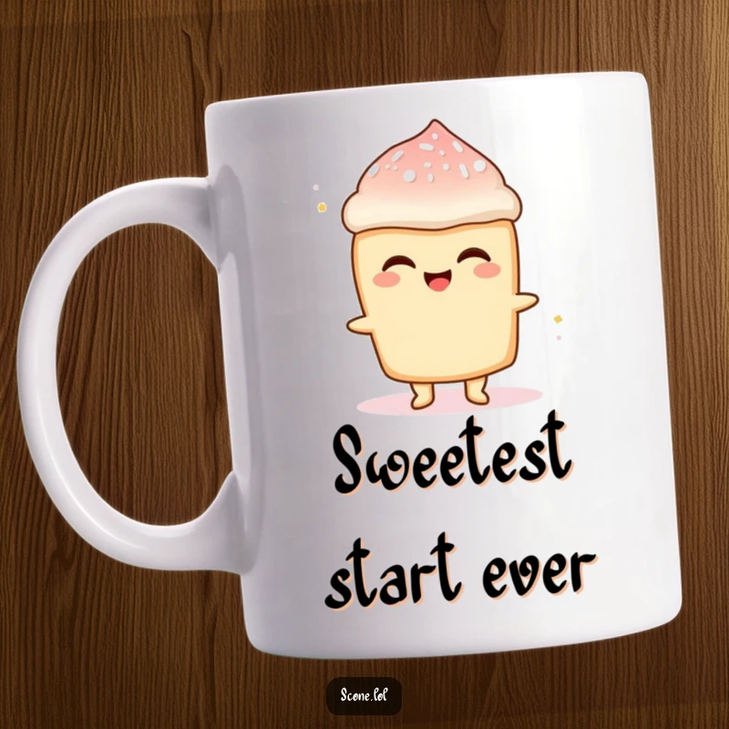 Funny Scone Sugar Rush Mug: A joyful scone character beaming with delight as powdered sugar flies around it.