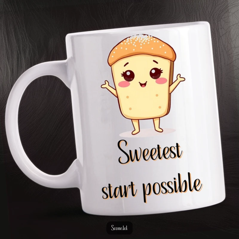 Funny Scone Sugar Dust Pose Mug: A scone standing proudly, dusted with sugar, exuding sophisticated humor.
