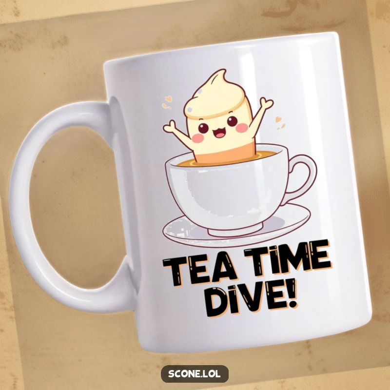 Funny scone character heroically leaping into a steaming cup of tea, on a humorous coffee mug.