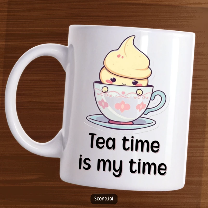 Funny mug with a sweet scone character playfully peeking from behind a graphic teacup, ready for tea time fun.