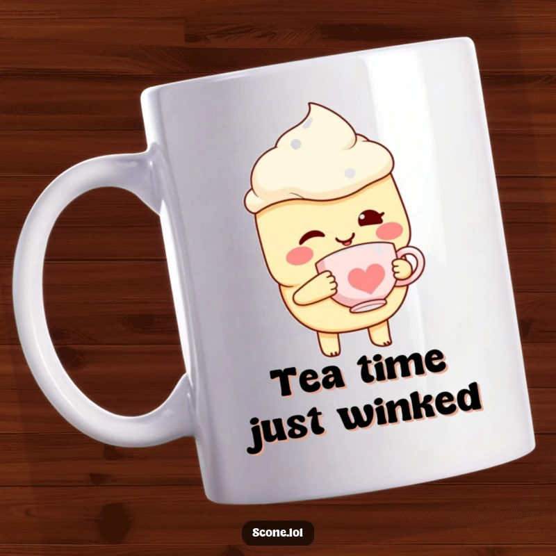 Funny Scone Character Mug, winking mischievously, holding a tiny teacup, exuding sweet charm and humor.