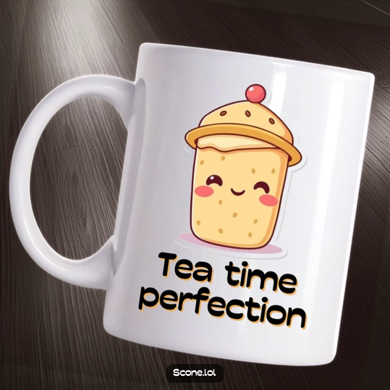 Smiling scone character wearing a cute, tiny tea hat, looking sophisticated and charming on this mug.