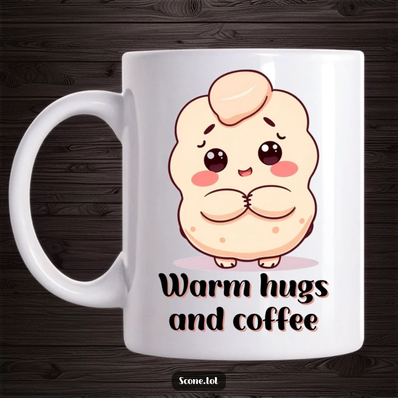 Funny scone mug, a baked good character extending warm arms for a hug, conveying comfort and affection.