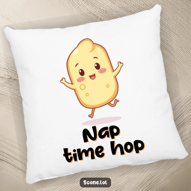 Funny scone with crumbly legs hopping happily on a soft, decorative pillow.