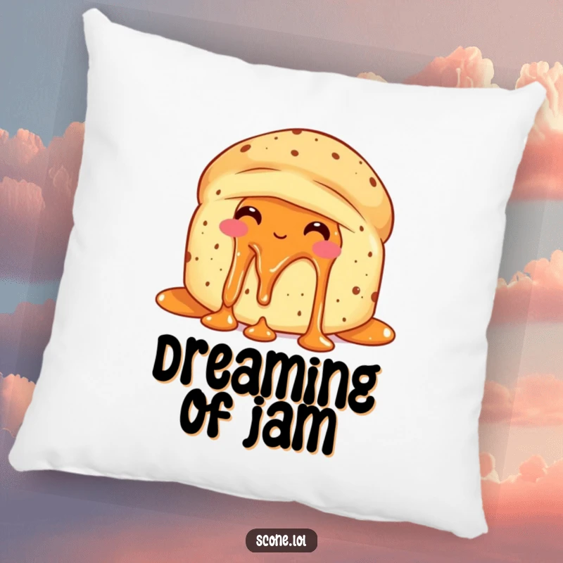 Funny scone with jam dripping, looking delighted with itself on a soft, decorative pillow.