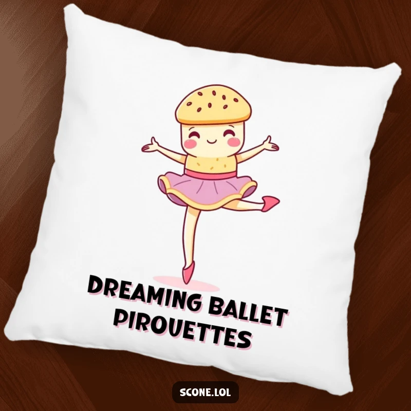 Funny scone performing a graceful, crumbly pirouette on a soft, decorative pillow.