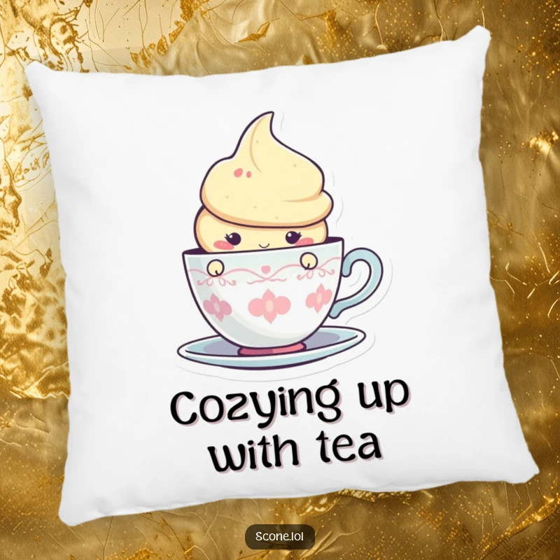 Funny pillow decorated with a sweet scone character peeking shyly from behind a teacup graphic, exuding comfort.