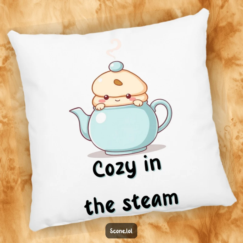 Funny Pillow featuring a scone character peeking from behind a steaming teapot, bringing a sense of cozy mystery and baked humor.