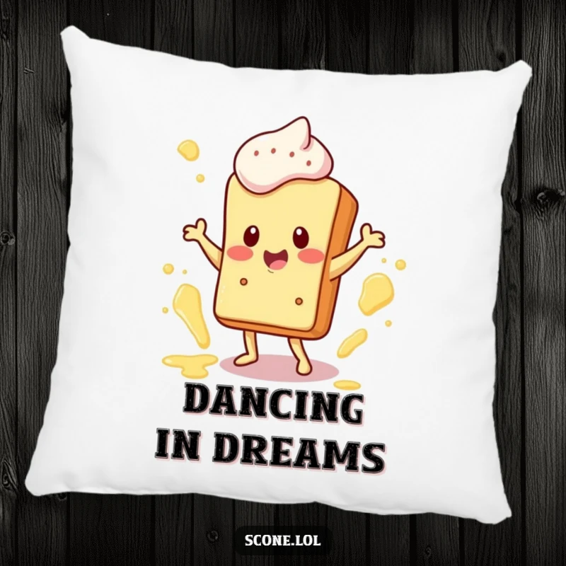 Funny Pillow featuring a happy scone character dancing with butter splatters, adding a humorous and cozy touch to any room.