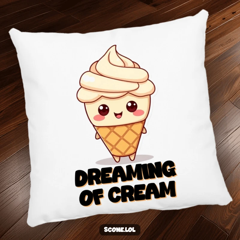 Funny pillow featuring a scone character stylishly wearing a dollop of cream as a hat, bringing sweet humor.