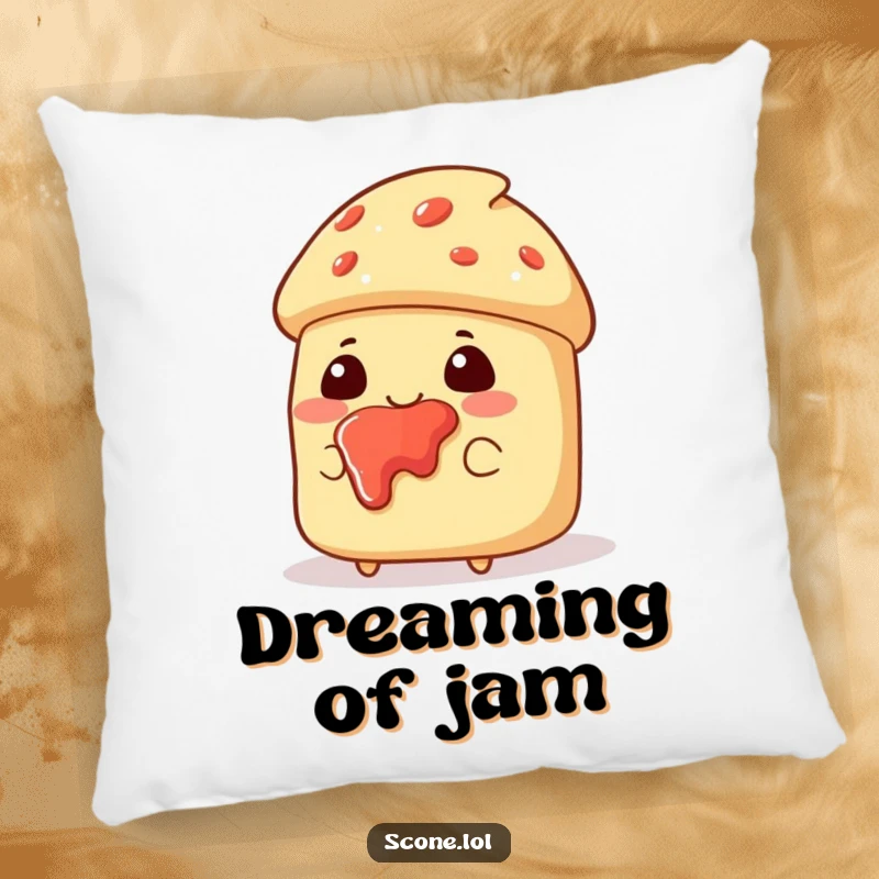 Funny pillow showcasing a scone character with jam splattered on its face, looking pleased and offering soft, sweet comfort.
