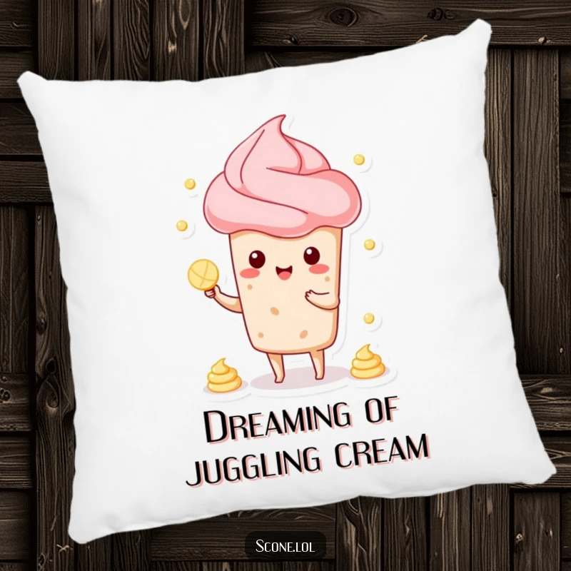 Funny pillow decorated with a plump scone character juggling dollops of cream, offering comfort and comic relief.