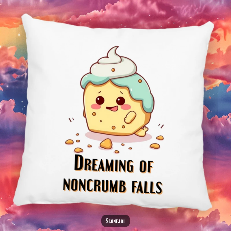 Funny pillow adorned with a scone character comically tripping over a crumb, embodying cute and relatable clumsiness.