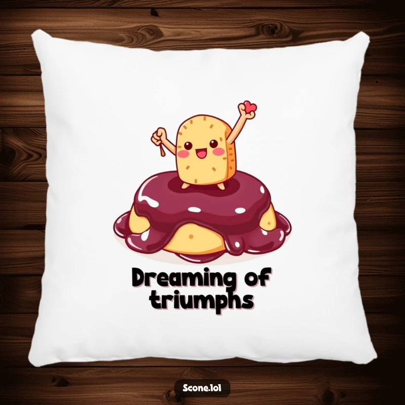 Funny Scone Pillow: A soft pillow featuring a triumphant scone character posed atop vibrant jam, adding humorous charm.