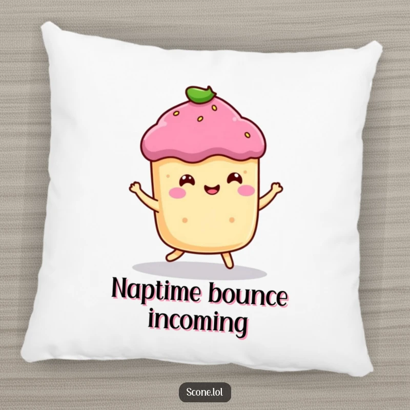 Funny pillow showcasing a smiling scone character in a happy bounce, providing soft comfort and cheerful baked good vibes.