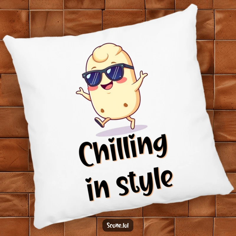Funny cool scone pillow, featuring a scone with sunglasses doing a confident hop with a grin, perfect for cozy, stylish comfort.