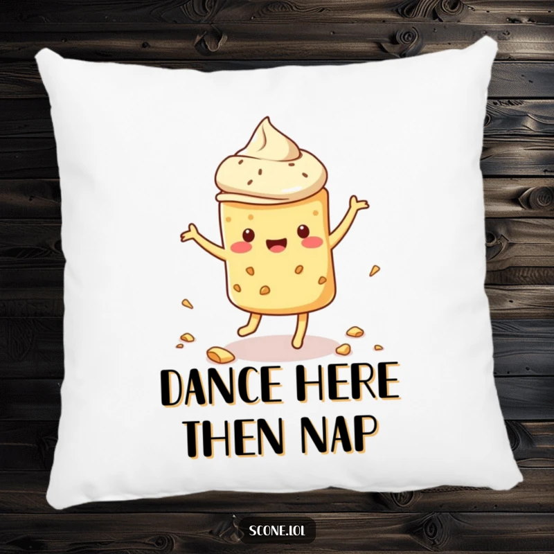 Funny scone pillow featuring a scone in a silly dance pose, surrounded by scattered crumbs, for cozy and humorous lounging.