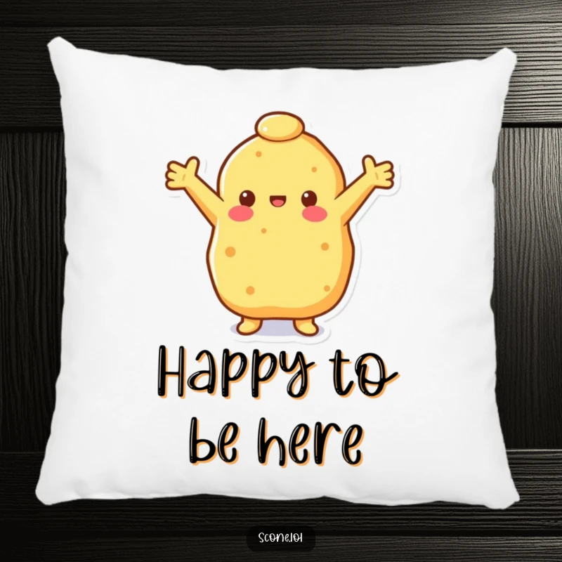 Funny happy scone pillow featuring a scone with outstretched arms, designed for cozy snuggles and cheerful home accents.
