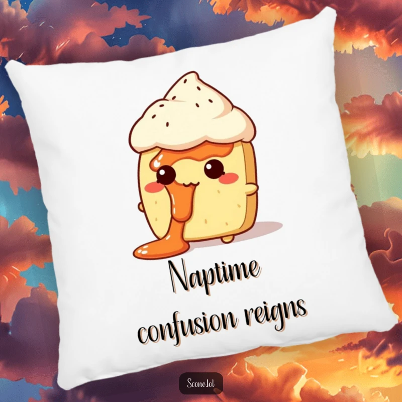 Funny Jam Face Scone Pillow: A plush pillow featuring a scone character looking comically bewildered, with jam smeared on its face.