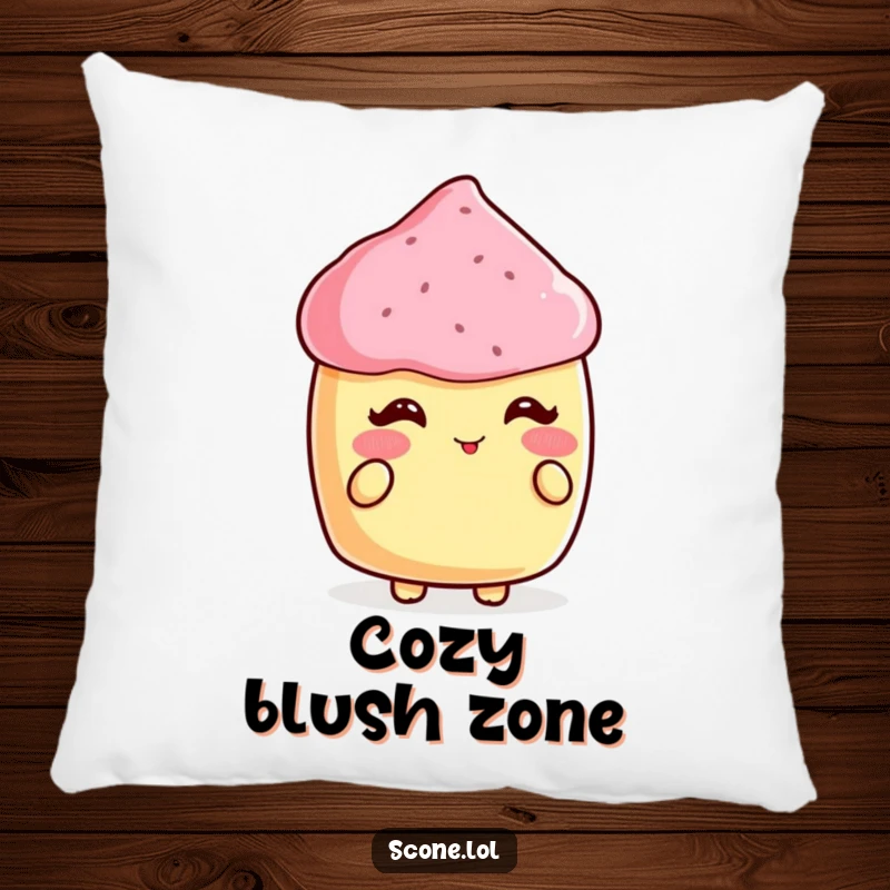 Funny pillow with a cute scone blushing brightly while receiving a compliment, offering comfort and sweetness.