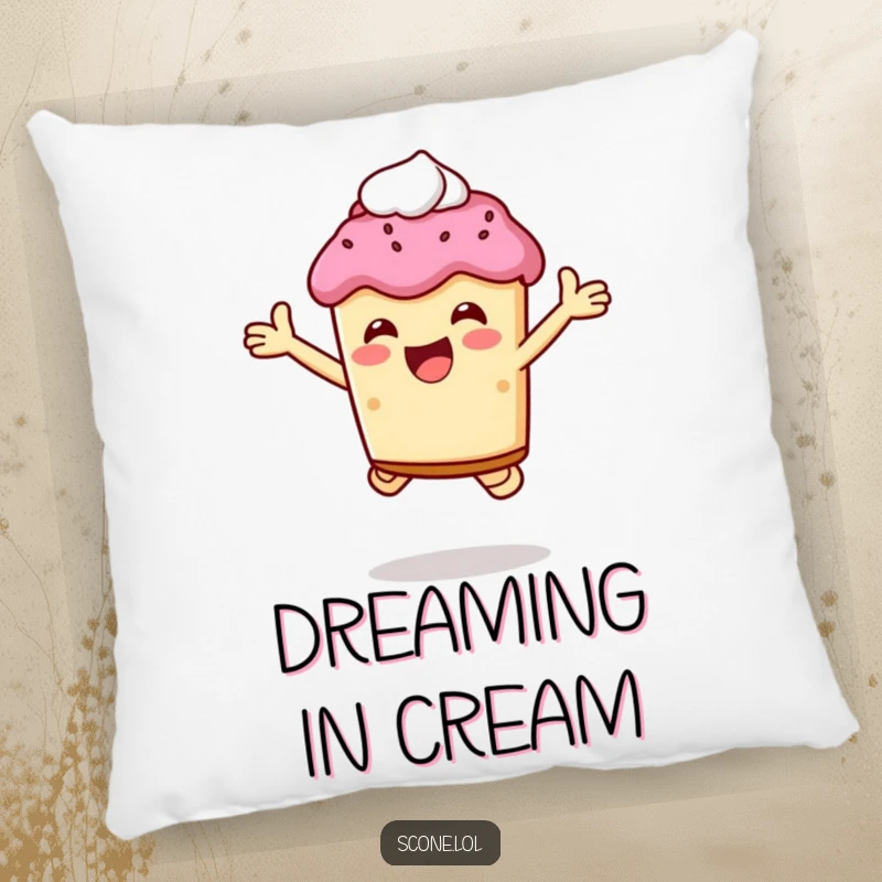 Funny scone character jumping with joy, holding cream, making this pillow wonderfully cheerful and humorous.