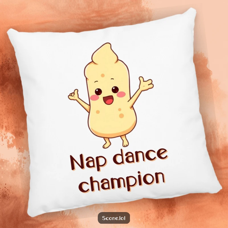 Funny pillow featuring a scone character doing a silly dance, its tiny arms out, adding a touch of humor to any couch.