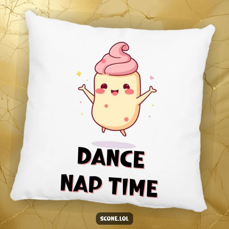 Funny scone character pillow featuring a scone doing a wobbly, happy dance, perfect for adding humor and comfort.
