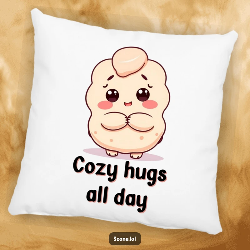 Funny scone pillow, a baked good character offering a warm hug, providing comfort and a dose of humor.