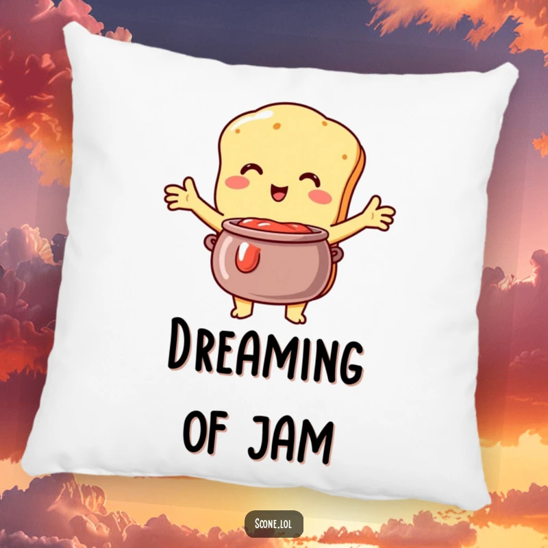 Funny Scone Pillow: A soft pillow featuring a scone character embracing a jam pot, bringing humorous warmth and affection.