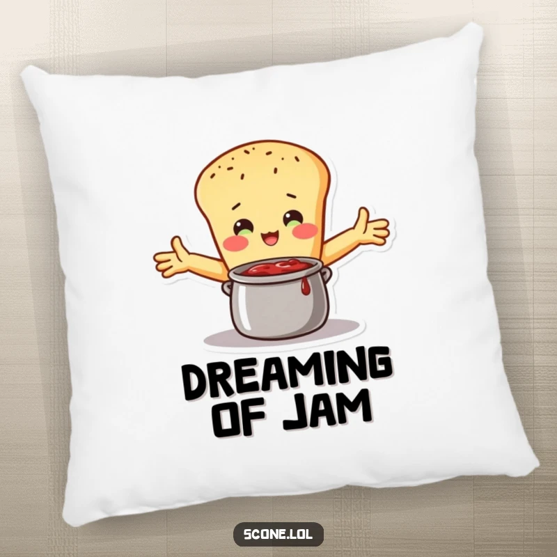 Funny Pillow featuring a scone character embracing a pot of jam with open arms, adding a humorous and cozy touch of affection.