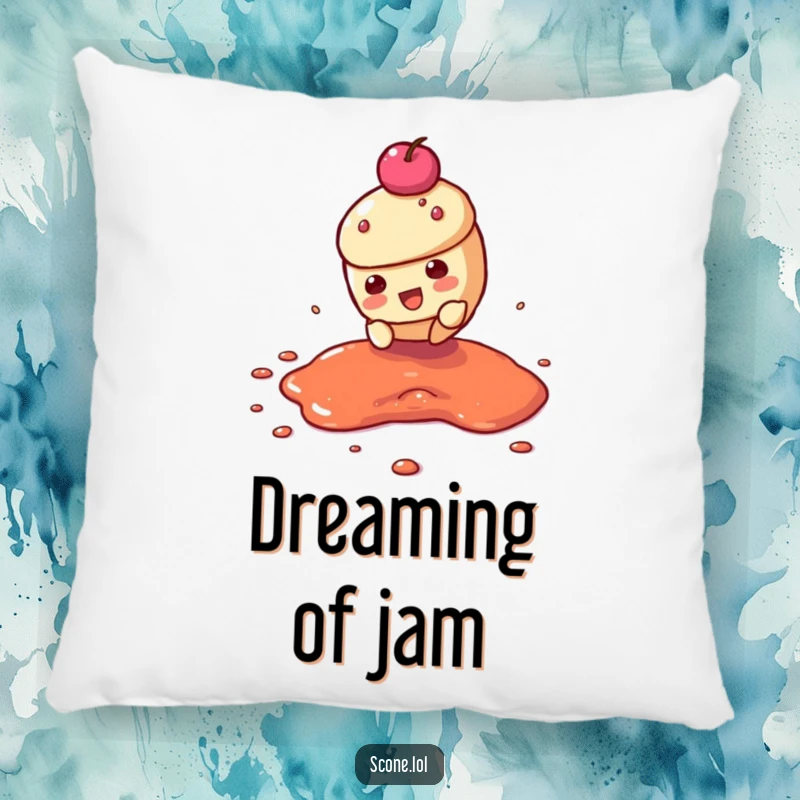 Funny pillow featuring a scone character in a dramatic slide through a jam puddle, bringing humorous comfort.