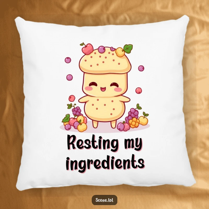 Funny Scone Juggler Pillow: A plush pillow featuring a scone character expertly tossing small currant decorations with a gleeful look.