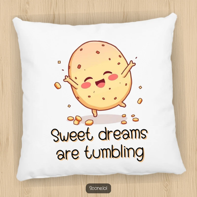 Funny Scone Character Pillow, giggling wildly during a cartwheel, with crumbly bits scattered, a soft hug of humor.