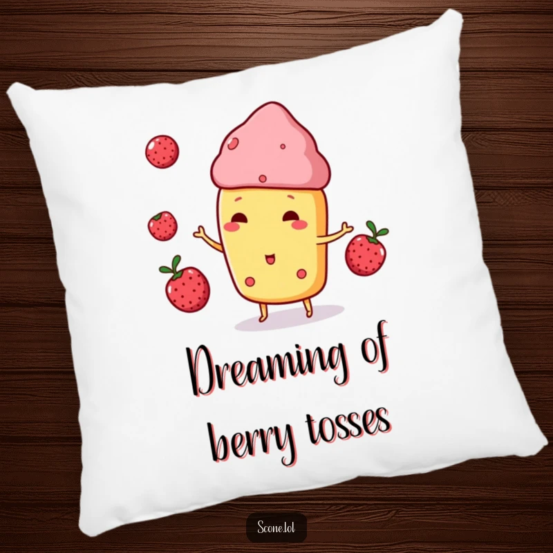 Funny Scone Character Pillow, playfully juggling three small berries, soft, huggable, and full of whimsical charm.