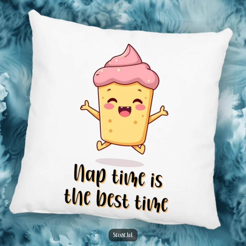 Funny scone pillow, a happy baked good character jumping with excitement, offering comfort and a dose of humor.