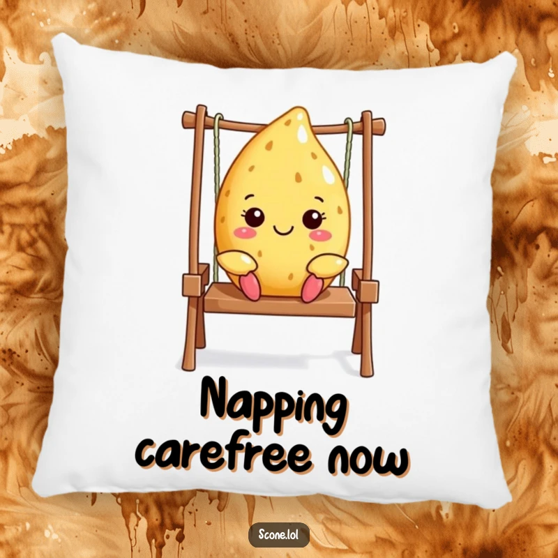Funny Scone Pillow: A happy scone swings merrily, offering soft comfort and sweet cheer. Perfect for lounging. Funny gift.