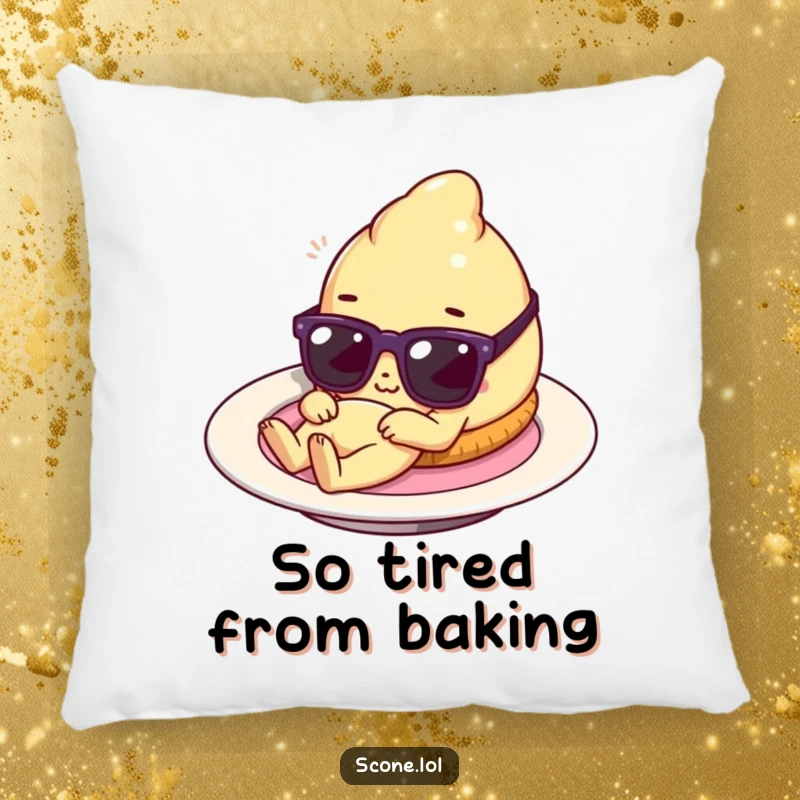 Funny scone character lounging on a plate with tiny sunglasses, a soft pillow that brings baked good humor and relaxation to any room.