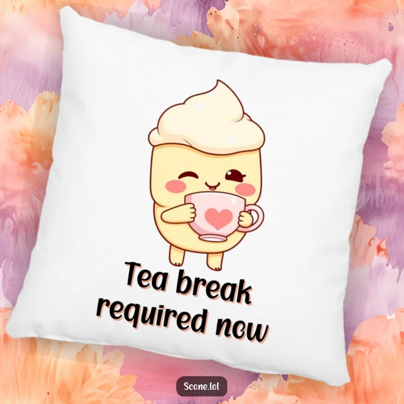 Funny Scone Character Pillow, winking with a tiny teacup, soft, huggable, and full of playful charm.