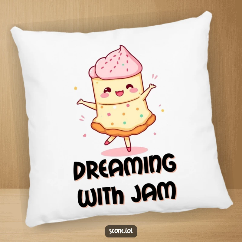 Funny pillow featuring a scone in a whimsical pirouette with swirling jam, adding playful baking and dance humor.