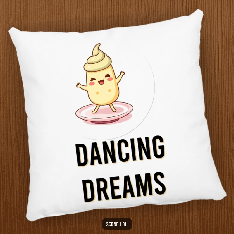 Funny scone character doing a silly jig on a saucer, making this pillow wonderfully cheerful and humorous.