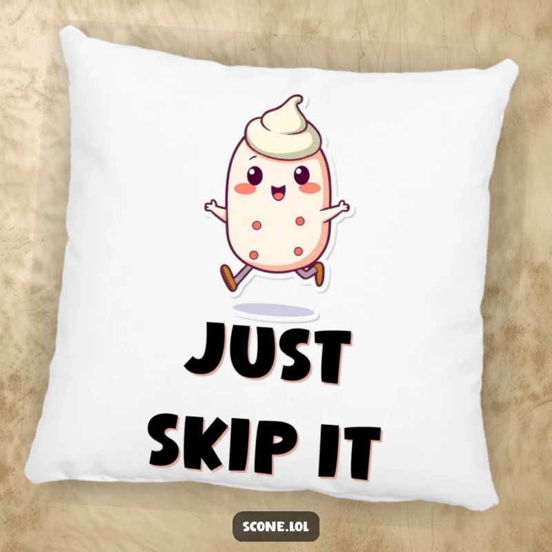 Funny scone character pillow showing a delightful scone in a jaunty skip, perfect for adding humor to any couch.