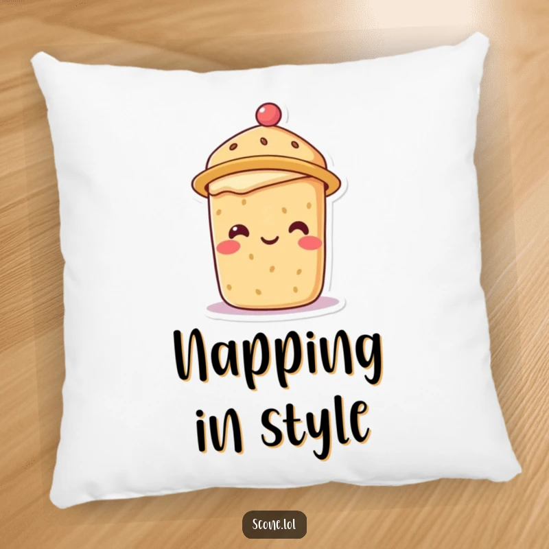 Smiling scone character wearing a cute tea hat, making this pillow wonderfully charming and humorous.