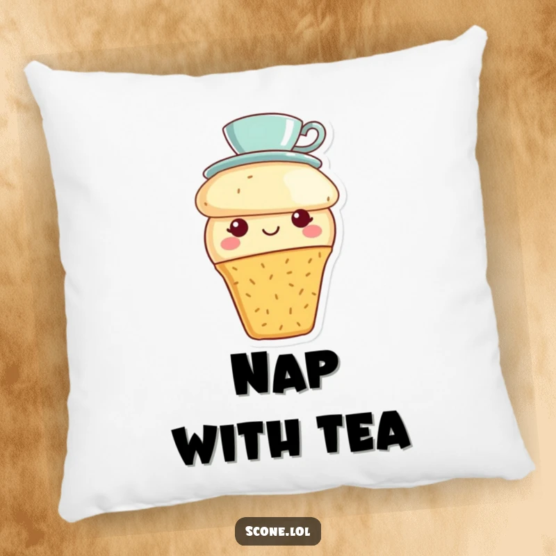 Funny scone with a tiny teacup hat and a smile, depicted on a soft pillow, bringing cozy charm to any room.