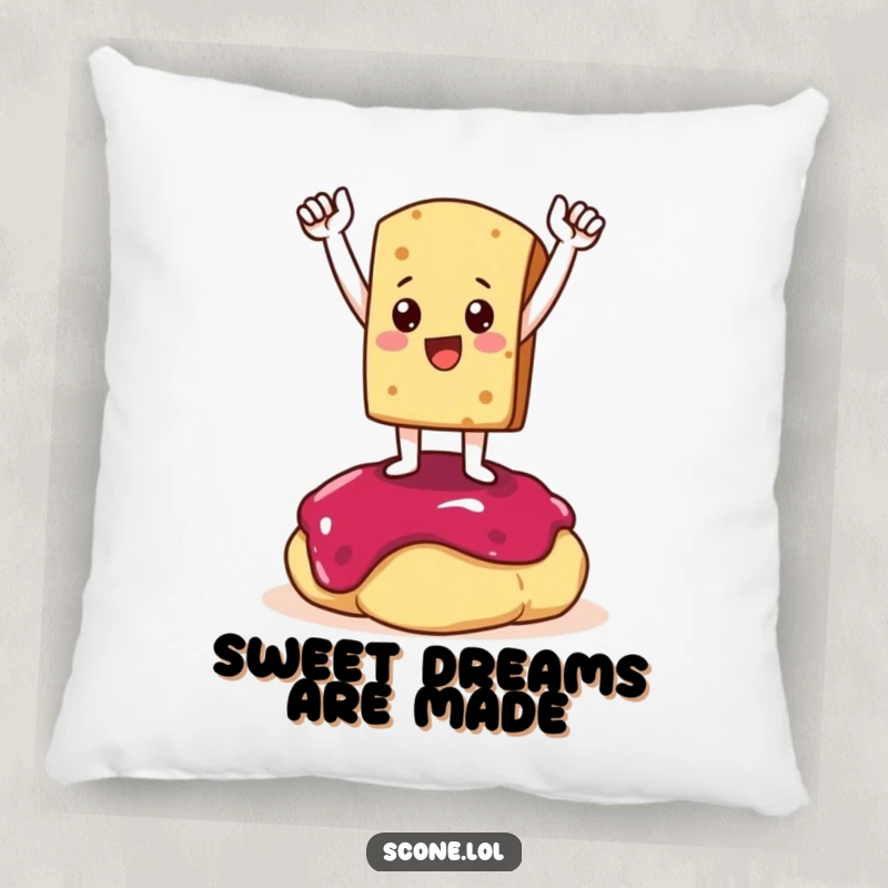 Funny Pillow featuring a scone character striking a triumphant pose on a dollop of jam, adding a humorous and cozy touch to any room.
