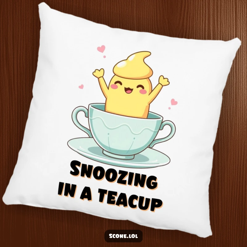 Funny Teacup Dance Scone Pillow: A plush pillow featuring a scone character doing a clumsy, fun dance inside a teacup.