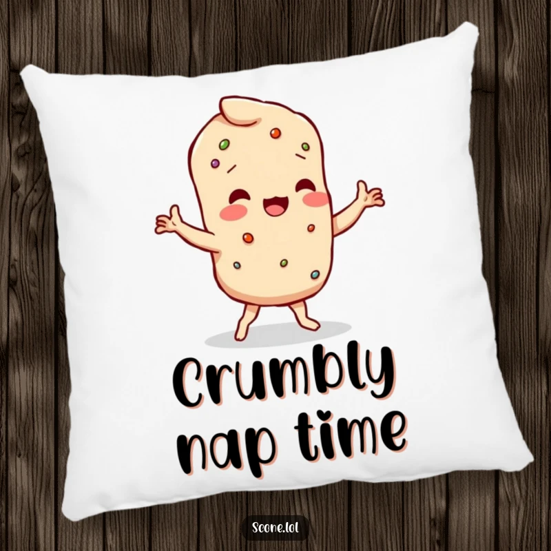 Funny scone character doing a wobbly dance with crumbly limbs, printed on a soft and cozy pillow.